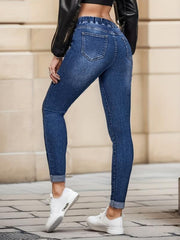 Navy Drawstring Skinny Jeans Slim Fit Elastic Waist High Stretch Tight Jeans