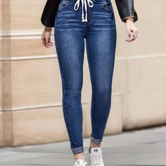 Navy Drawstring Skinny Jeans Slim Fit Elastic Waist High Stretch Tight Jeans
