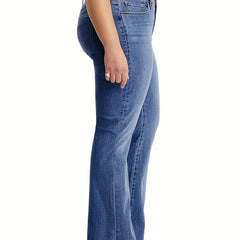 High Waist Flared Jeans Bell Bottom Slash Pockets Casual Denim