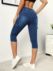 Flap Pockets Capris Denim Jeans Slim Fit Drawstring Elastic Waist