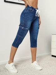Flap Pockets Capris Denim Jeans Slim Fit Drawstring Elastic Waist