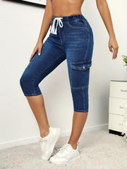 Flap Pockets Capris Denim Jeans Slim Fit Drawstring Elastic Waist
