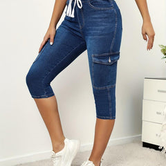 Flap Pockets Capris Denim Jeans Slim Fit Drawstring Elastic Waist