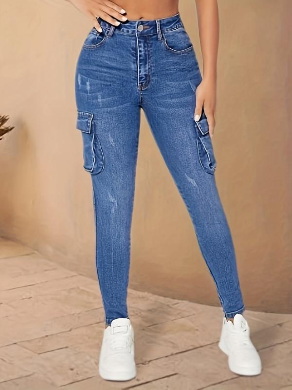 Flap Pockets Cargo Pants High Stretch Slim Fit Y2K & Kpop Style Skinny Jeans