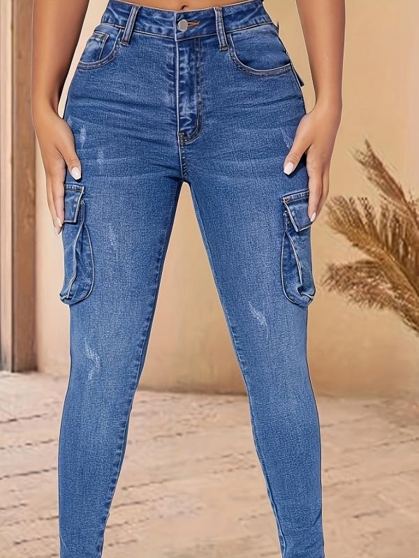 Flap Pockets Cargo Pants High Stretch Slim Fit Y2K & Kpop Style Skinny Jeans