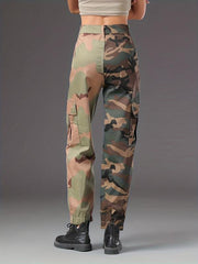 Camo Two Tone Cargo Pants Flap Pockets Kpop Style Straight Jeans