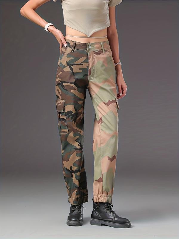 Camo Two Tone Cargo Pants Flap Pockets Kpop Style Straight Jeans