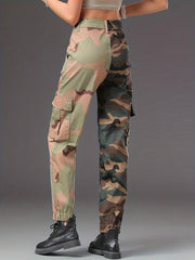 Camo Two Tone Cargo Pants Flap Pockets Kpop Style Straight Jeans