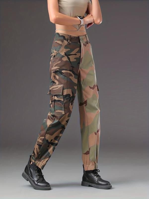 Camo Two Tone Cargo Pants Flap Pockets Kpop Style Straight Jeans