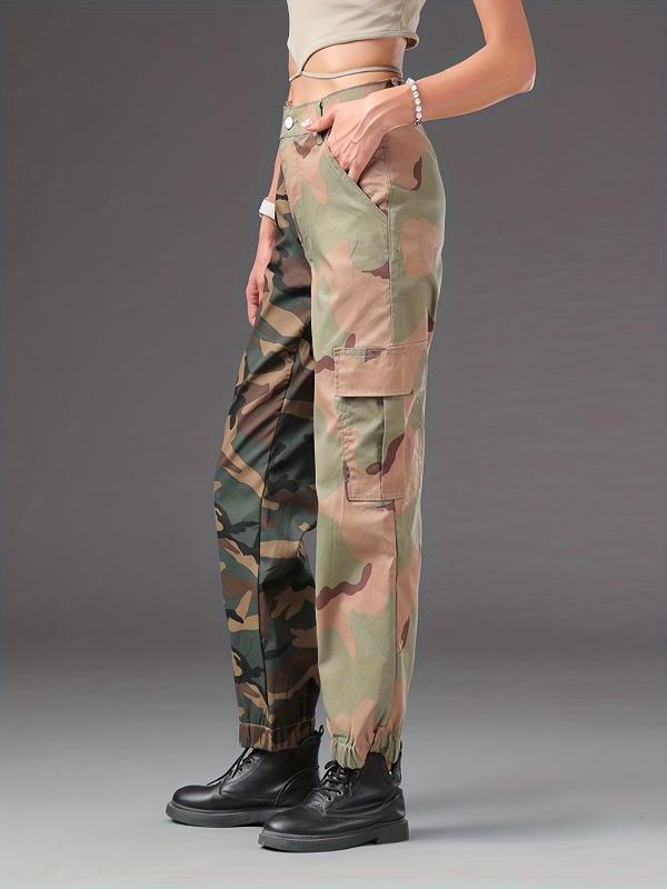 Camo Two Tone Cargo Pants Flap Pockets Kpop Style Straight Jeans