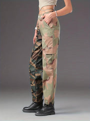 Camo Two Tone Cargo Pants Flap Pockets Kpop Style Straight Jeans