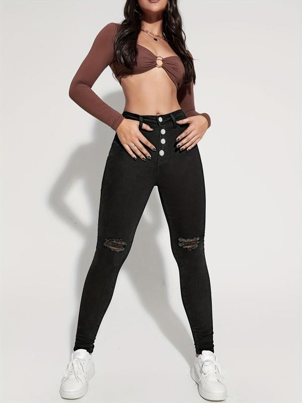 Ripped Holes Skinny Jeans High Waist Denim Pants Women's Clothing