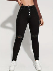 Ripped Holes Skinny Jeans High Waist Denim Pants Women's Clothing