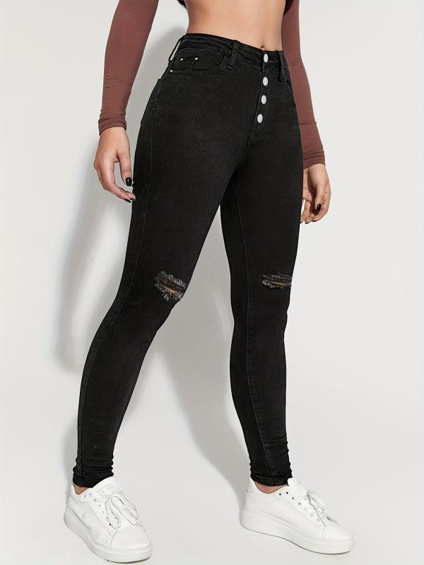 Ripped Holes Skinny Jeans High Waist Denim Pants Women's Clothing