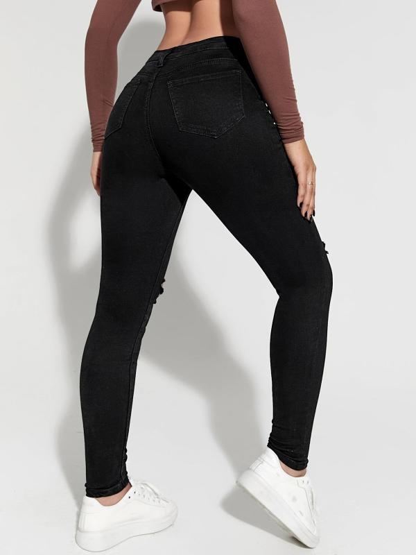 Ripped Holes Skinny Jeans High Waist Denim Pants Women's Clothing