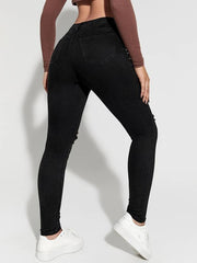 Ripped Holes Skinny Jeans High Waist Denim Pants Women's Clothing