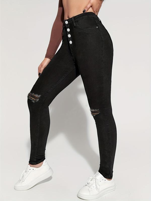 Ripped Holes Skinny Jeans High Waist Denim Pants Women's Clothing