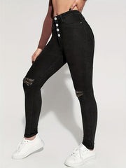 Ripped Holes Skinny Jeans High Waist Denim Pants Women's Clothing