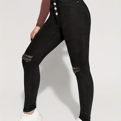 Ripped Holes Skinny Jeans High Waist Denim Pants Women's Clothing