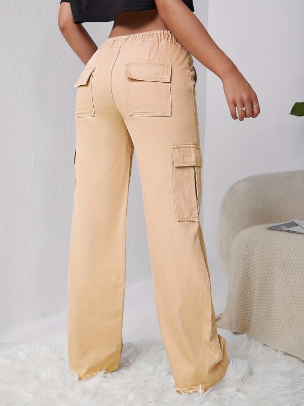 Khaki Loose Fit Straight Jeans with Drawstring Elastic Waist