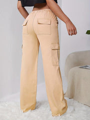 Khaki Loose Fit Straight Jeans with Drawstring Elastic Waist
