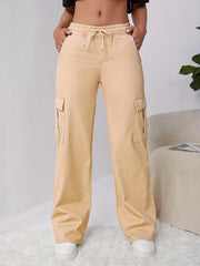Khaki Loose Fit Straight Jeans with Drawstring Elastic Waist