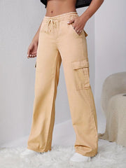 Khaki Loose Fit Straight Jeans with Drawstring Elastic Waist