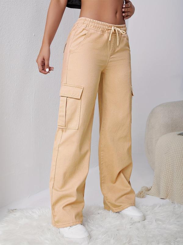 Khaki Loose Fit Straight Jeans with Drawstring Elastic Waist