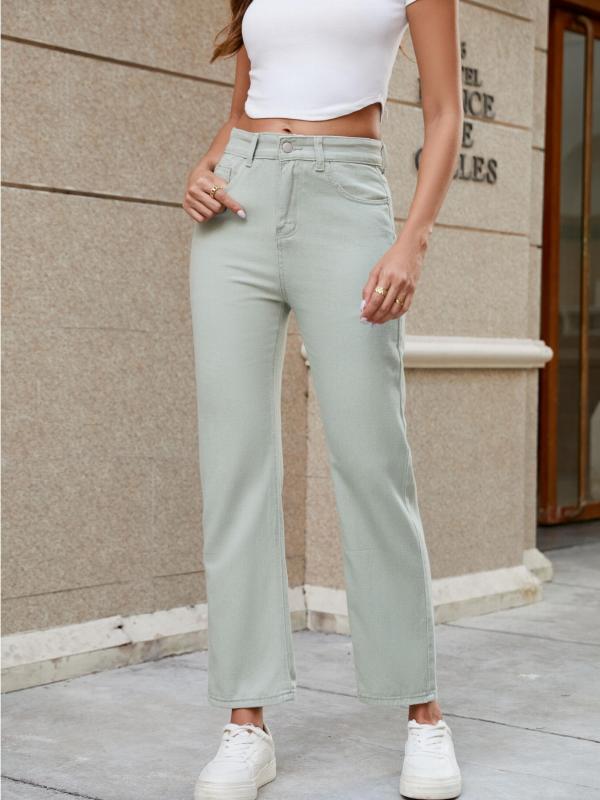Light Green Straight Jeans Loose Fit Slight Stretch