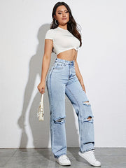 Ripped Holes Straight Jeans High Waist Distressed Denim Pants Women's Jeans