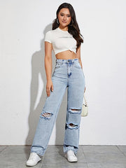Ripped Holes Straight Jeans High Waist Distressed Denim Pants Women's Jeans