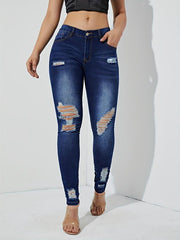 Dark Distressed Skinny Jeans Slim Fit Ripped Holes High Stretch Tight Jeans