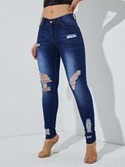 Dark Distressed Skinny Jeans Slim Fit Ripped Holes High Stretch Tight Jeans