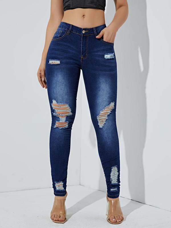 Dark Distressed Skinny Jeans Slim Fit Ripped Holes High Stretch Tight Jeans