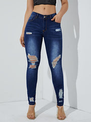 Dark Distressed Skinny Jeans Slim Fit Ripped Holes High Stretch Tight Jeans