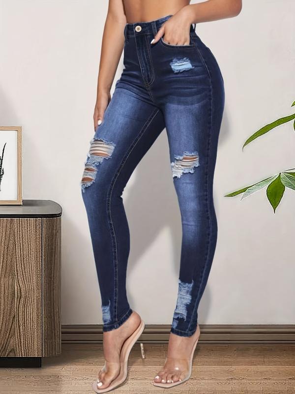Dark Distressed Skinny Jeans Slim Fit Ripped Holes High Stretch Tight Jeans