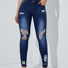 Dark Distressed Skinny Jeans Slim Fit Ripped Holes High Stretch Tight Jeans