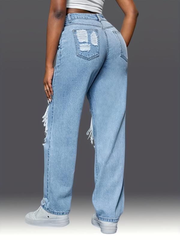 Distressed Loose Fit Non Stretch Denim Jeans Women's Trousers