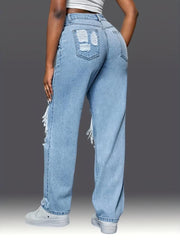 Distressed Loose Fit Non Stretch Denim Jeans Women's Trousers