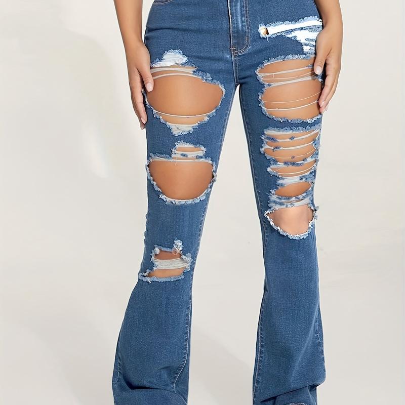Distressed Slim Fit Mid Stretch Bell Bottom Jeans