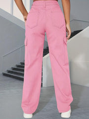 Pink Flap Pockets Straight Jeans Loose Fit Non Stretch Wide Legs Jeans
