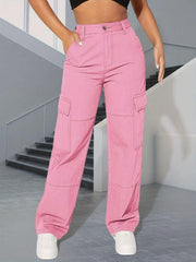 Pink Flap Pockets Straight Jeans Loose Fit Non Stretch Wide Legs Jeans