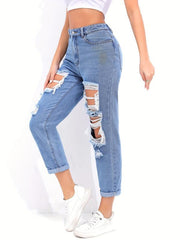 Tapered Distressed Mom Jeans Street Style
