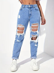 Tapered Distressed Mom Jeans Street Style