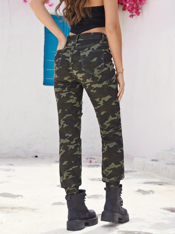 Camo Ripped Holes Jogger Pants Straight Legs Mid Stretch Distressed Street Style