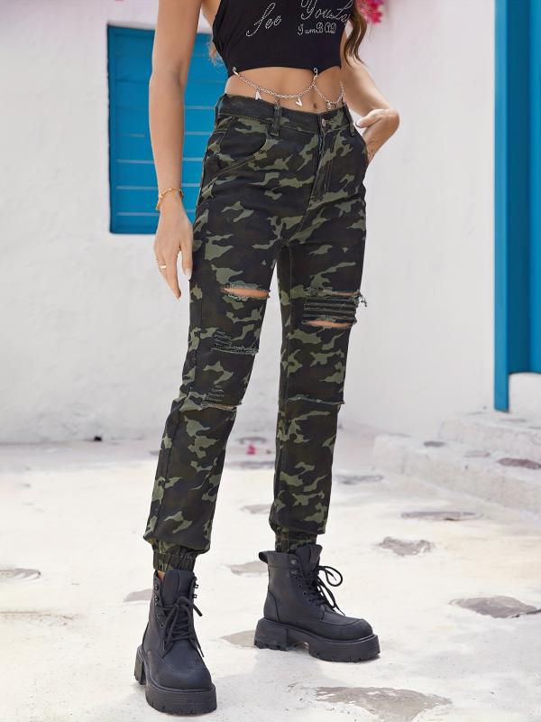 Camo Ripped Holes Jogger Pants Straight Legs Mid Stretch Distressed Street Style
