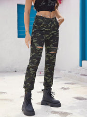 Camo Ripped Holes Jogger Pants Straight Legs Mid Stretch Distressed Street Style