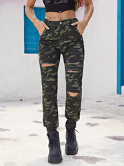 Camo Ripped Holes Jogger Pants Straight Legs Mid Stretch Distressed Street Style