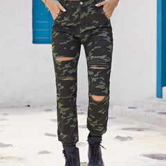 Camo Ripped Holes Jogger Pants Straight Legs Mid Stretch Distressed Street Style