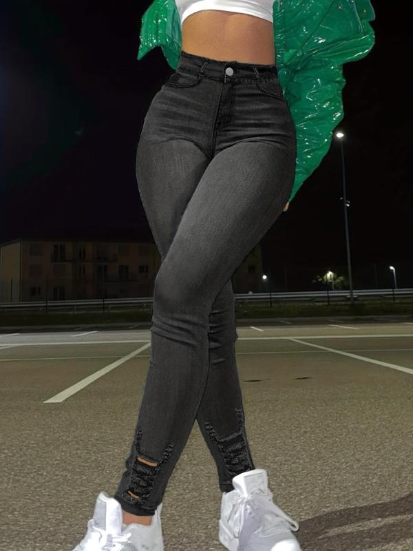 High Stretch Skinny Jeans Ripped Holes Slim Fit Denim Trousers